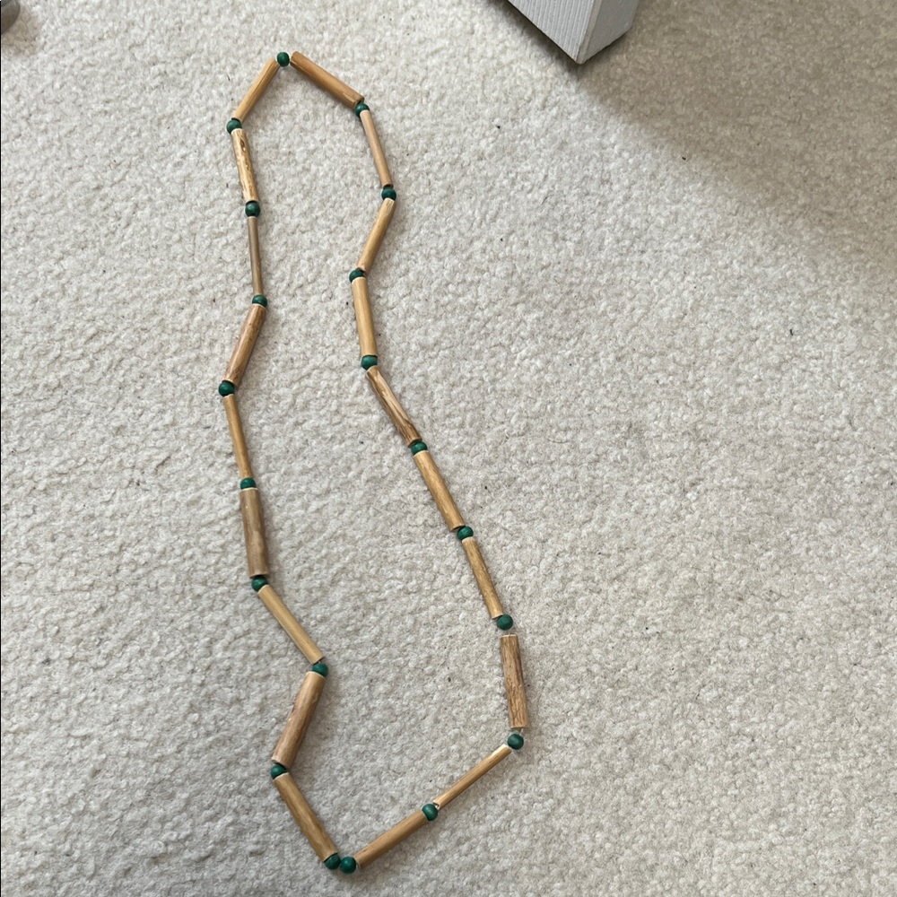 Bamboo 16" Natural Wooden Necklace with Green Beads NATIVE GUC